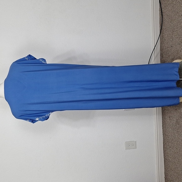 Blue White Embroidered Bohemian Coastal Short Sleeve Maxi Dress One Size - Picture 8 of 13